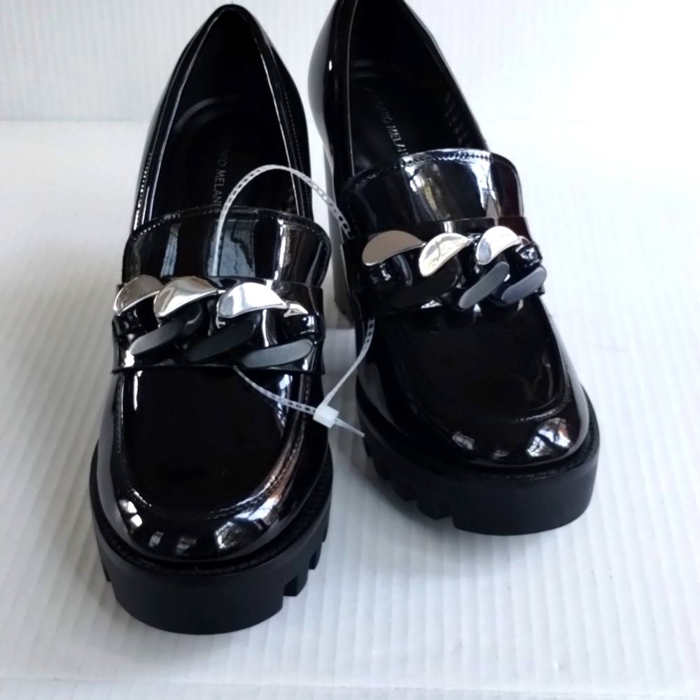 ANTONIO MELANI Black Patent Loafers with Silver Chain Accent